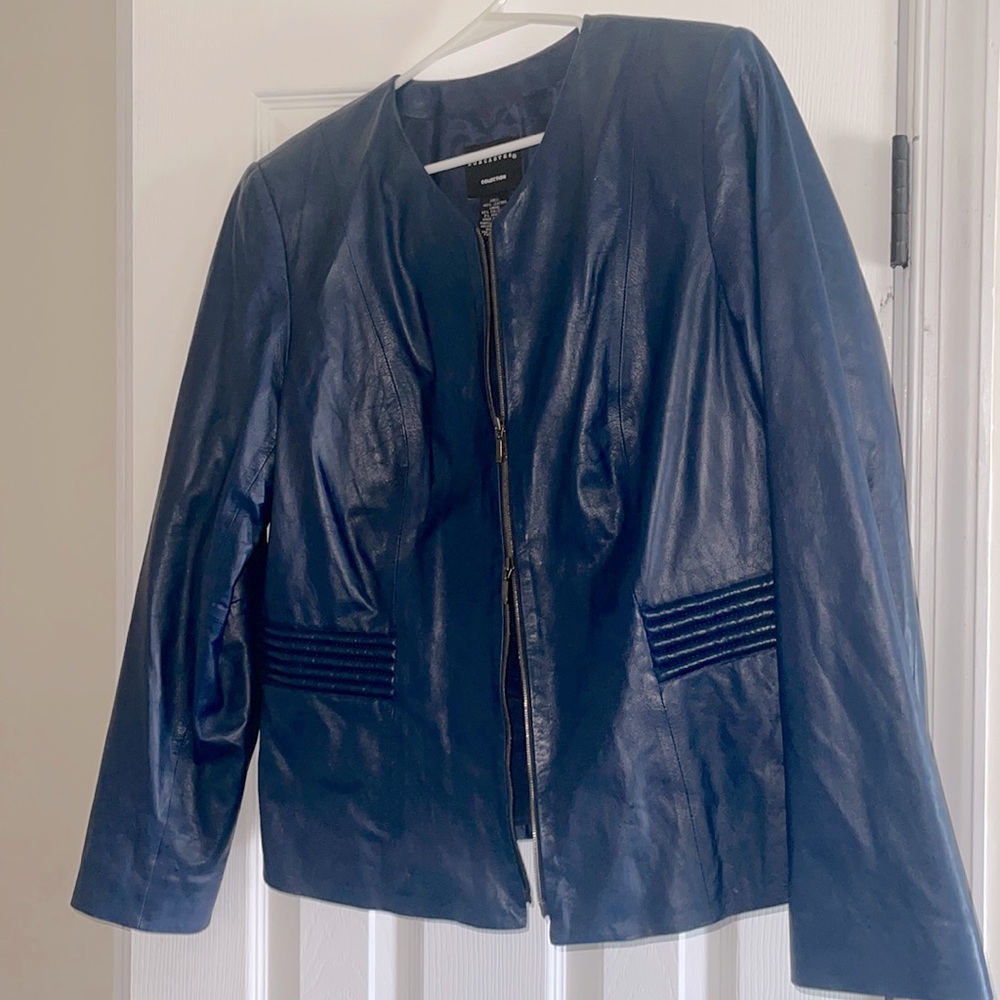 Doncaster deep blue leather jacket , dual zippered, great price for high end